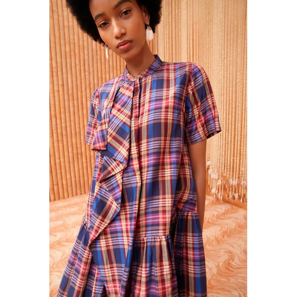 Ulla Johnson Navy Blue Plaid Mini Dress with Pink and Cream Accents